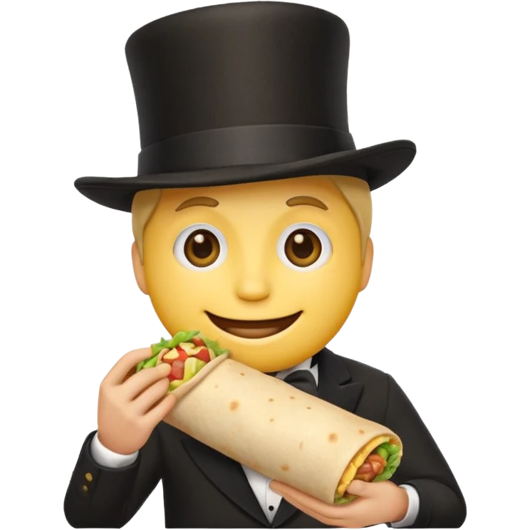 Generic classic yellow basic emoji face with a black top hat eating a burrito emoji