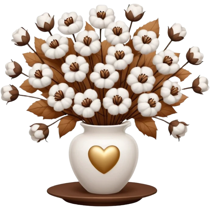 a bouquet of cotton flowers with brown dried petals, in a white ribbed vase on a white tray. next to it is a figurine in the form of a white heart, with sparkles emoji