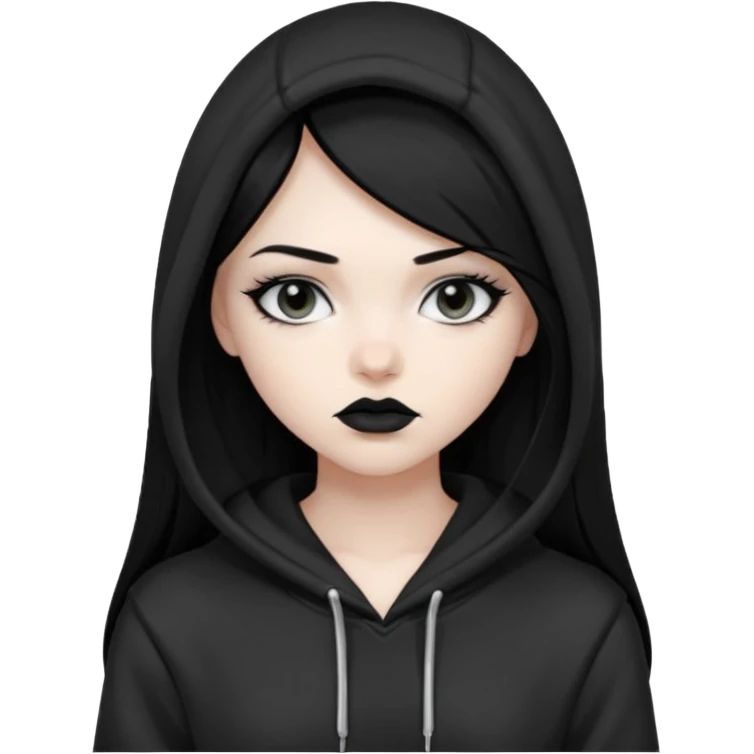 Black haired girl, silver eyes, black lipstick, white skin, black hoodie, sharp face, long hair, hoodie off emoji