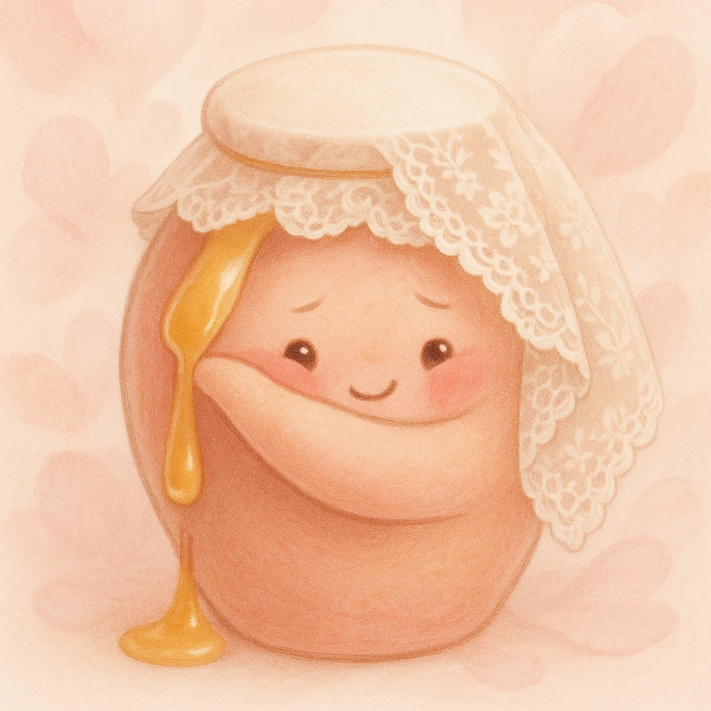 bashful honeypot with rosy cheeks, delicate lace veil, tiny smile, hiding behind its arm, honey softly dripping, blush pink color palette, soft petals background emoji