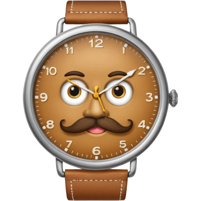 a watch person, a wrist watch with a face (eyes and mouth) in it and the clock hand are positioned to look like a moustache emoji