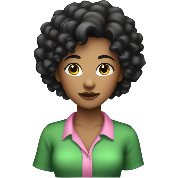 Female young lady with black curly hair in pink and green shirt emoji
