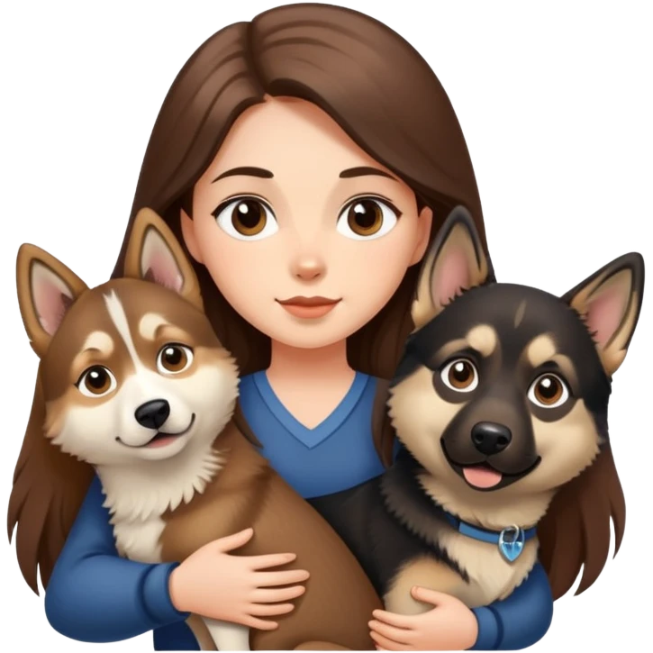 girl with long brown hair holding a german shepherd and holding a husky emoji
