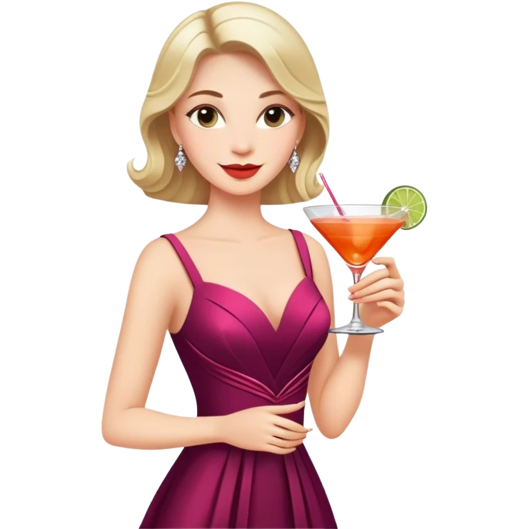 a woman in a luxurious dress with a slight smile. She is enjoying life while holding a cocktail. emoji