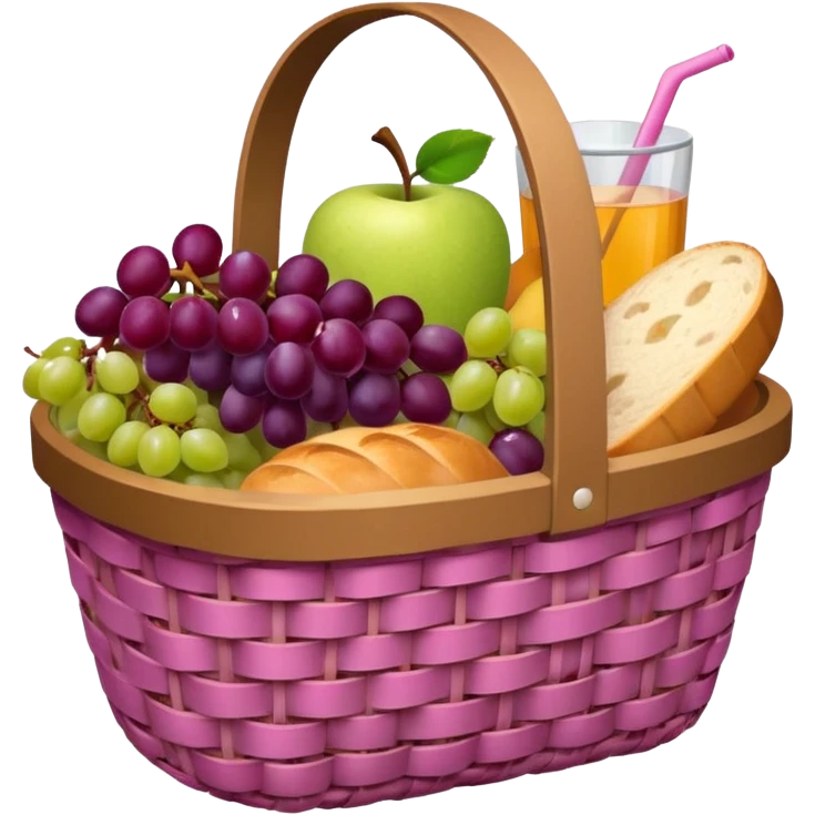 Food Basket, Pink basket, plaid lining, with both food, drink and fruits emoji