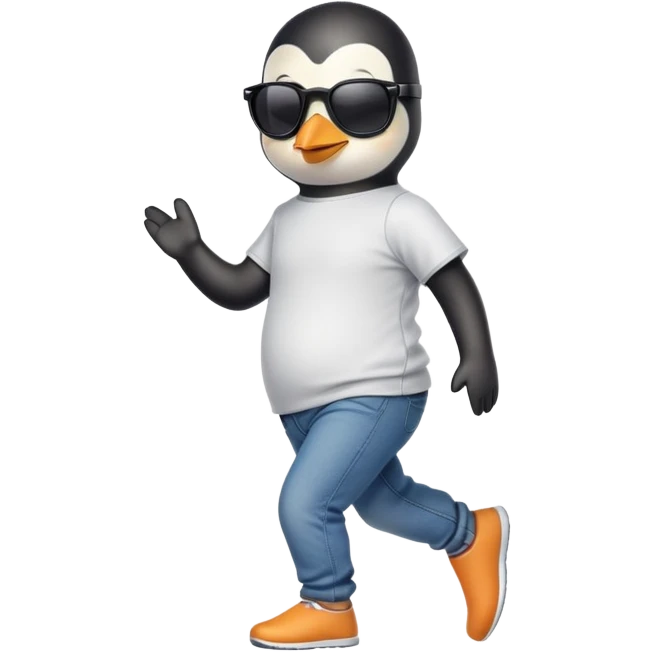 friendly anthropomorphised penguin in jeans and a t-shirt, wearing dark sunglasses, jogging upright, standard pose emoji