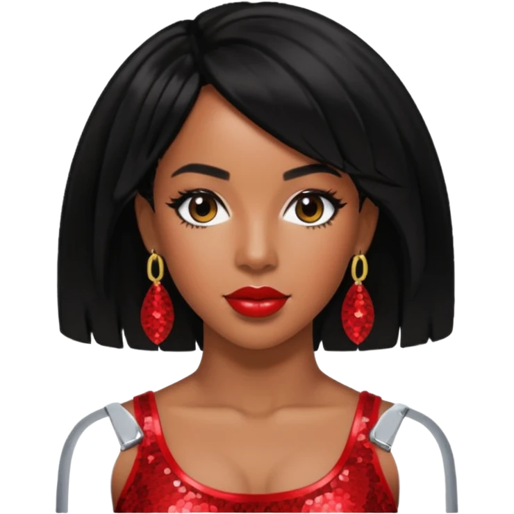 Kelly Rowland with black hair, red sequin crop top, red earring emoji