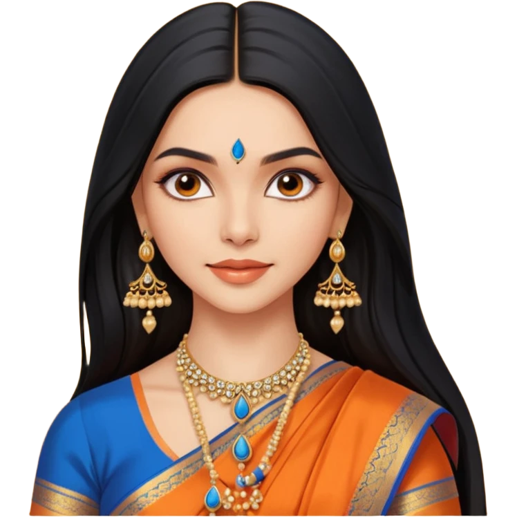 generate a pretty bratz Deepika Padukone with long black hair middle parted.
Wearing an orange saree with a blue blouse, golden jhumkas
 emoji