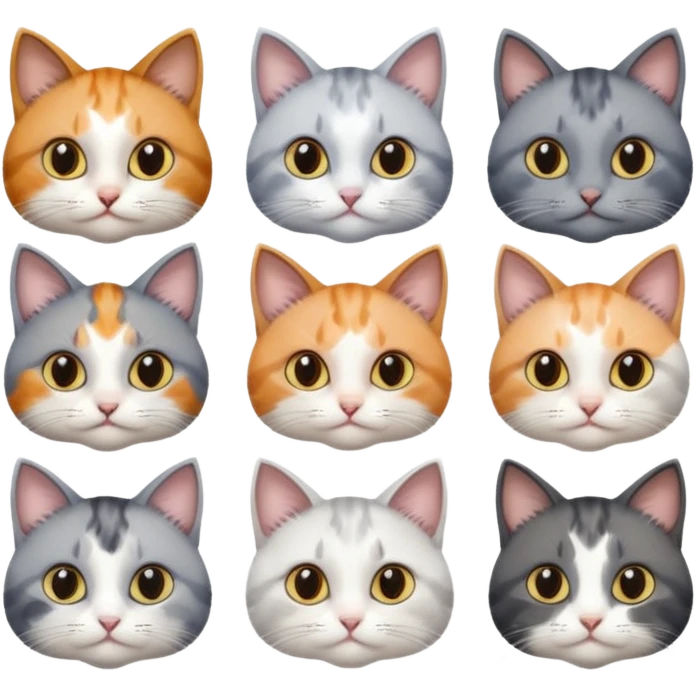 6 realistic looking cats with different natural coloured coats, assorted grey and white, greys, calico colours etc
 emoji