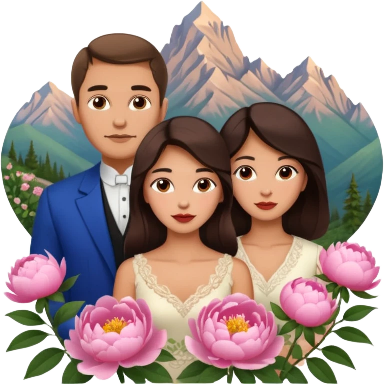 Couple traveling in Montenegro russian man and elegant  Latina girl delicate peonies and mountains in the background  emoji