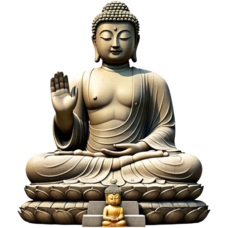 Cinematic Realistic image of the Big Buddha Monument of Sinheungsa Temple, portrayed as a towering, serene Buddha statue carved from weathered stone with intricate details and a gentle meditative expression, set within an ancient temple landscape enveloped in soft, ethereal lighting that underscores its spiritual majesty. emoji