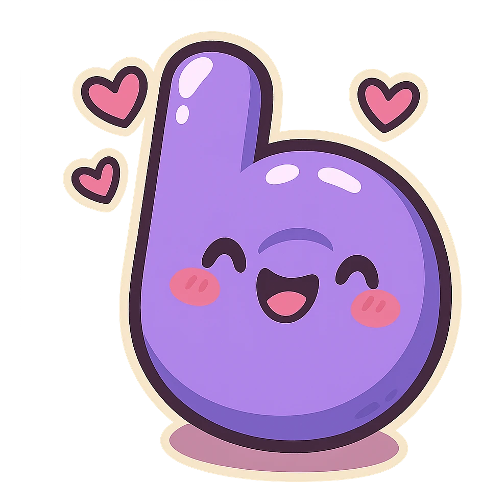 plump vibrant Boosty logo cartoon style purple b without lightning bolt cutout bold outline expressive shadows glossy highlights no background cute hearts around logo emoji