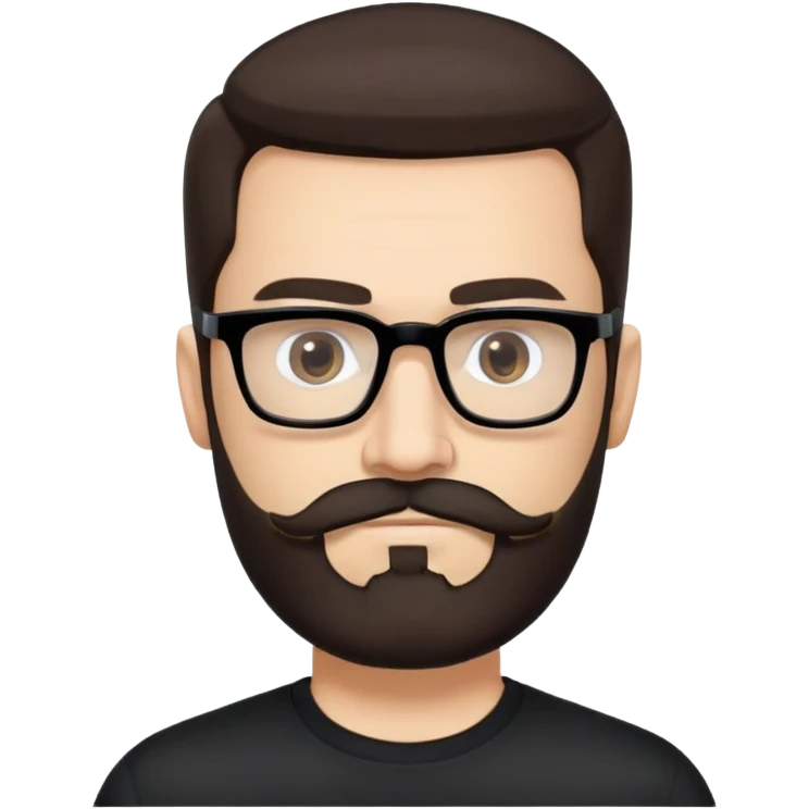 Caucasian male, longer hair straight dark brown hair combed back, thick dark eyebrows, rectangular black eyeglasses, full beard and mustache neatly groomed, neutral facial expression, wearing a black crew neck shirt. emoji