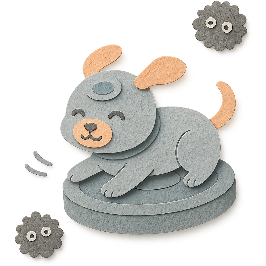 cute vacuum robot puppy spinning and chasing dust bunnies, soft grey pastel, full-body emoji