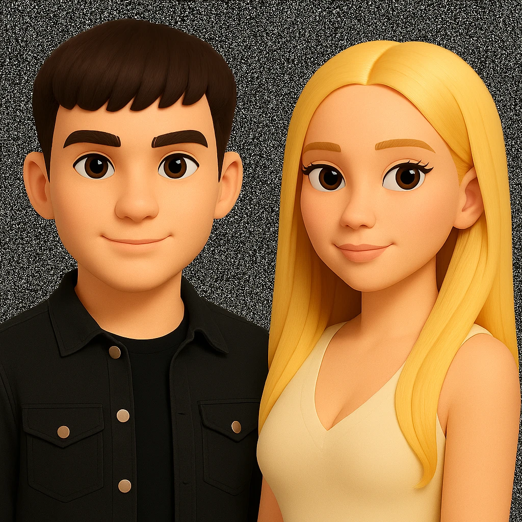Slightly increase the volume of the upper body of the girl, separate the girl and the boy from each other, and make the skin color the same for both characters. Maintain the cartoonish 3D style in the edit. emoji