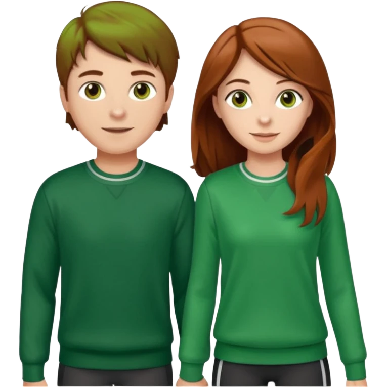 full-length happy couple, girl with long brown hair and hazel eyes in green sweater, boy with auburn hair in sportswear emoji
