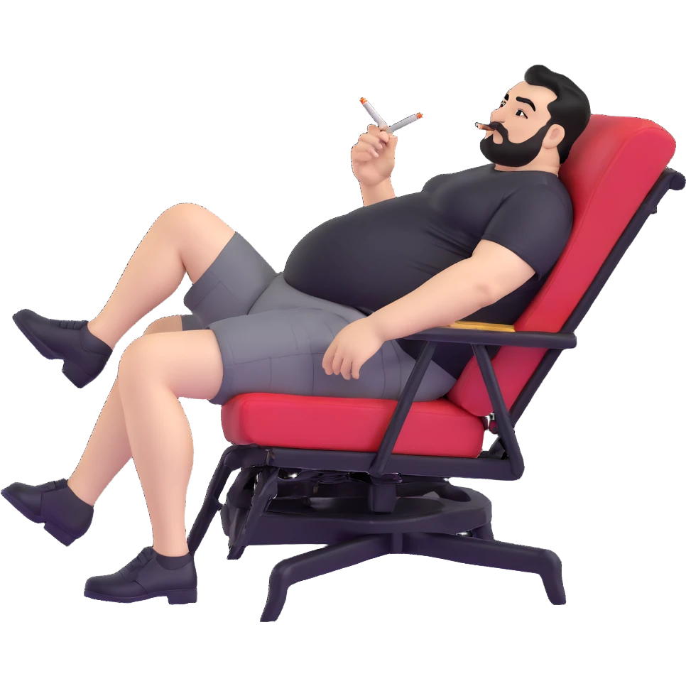 Large man reclining in chair, legs spread, smoking a cigarette, round face, very short black hair, well-groomed beard with mustache, light skin, black t-shirt with light stripes at top riding up to show belly, black shorts, arms covered in black graphic tattoo patterns with designs visible on forearms and shoulders emoji