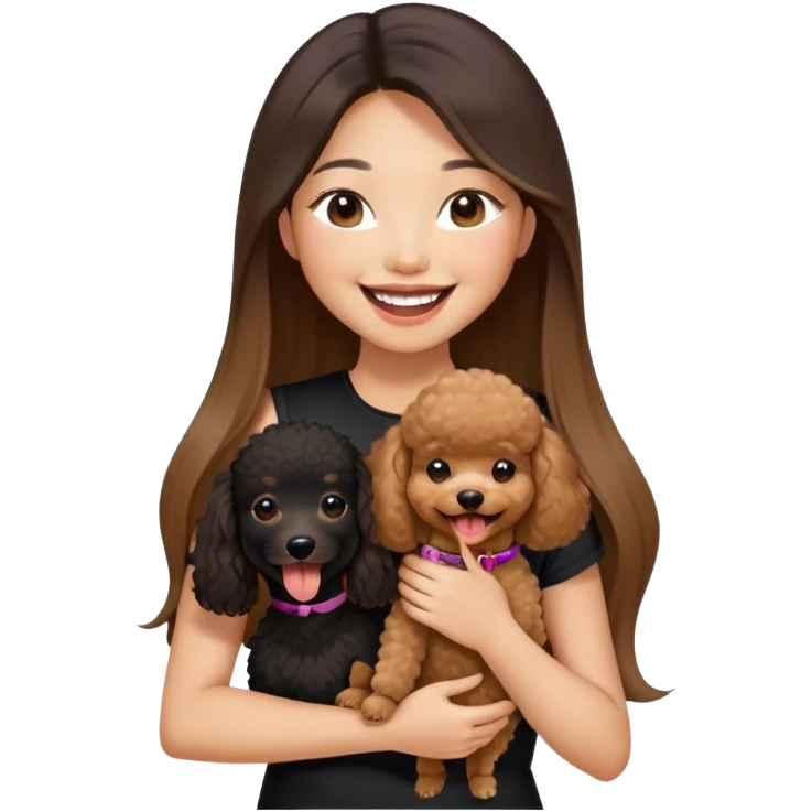 a asian girl with long straight balayage hair, long lashes, laughing, wearing black halterneck top, and holding a brown poodle emoji