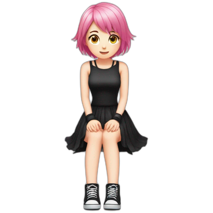 Full body Front view curvy emo girl pink hair sits on the floor straight view hands up black skirt белые трусики полосатые рваные чулки emoji