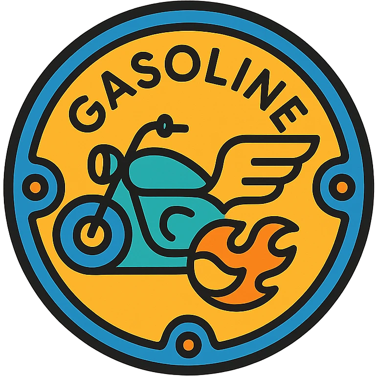 circular motorcycle gas cap design, transparent background, text 'GASOLINE', motif: motorcycle, flame, wing, unique style emoji
