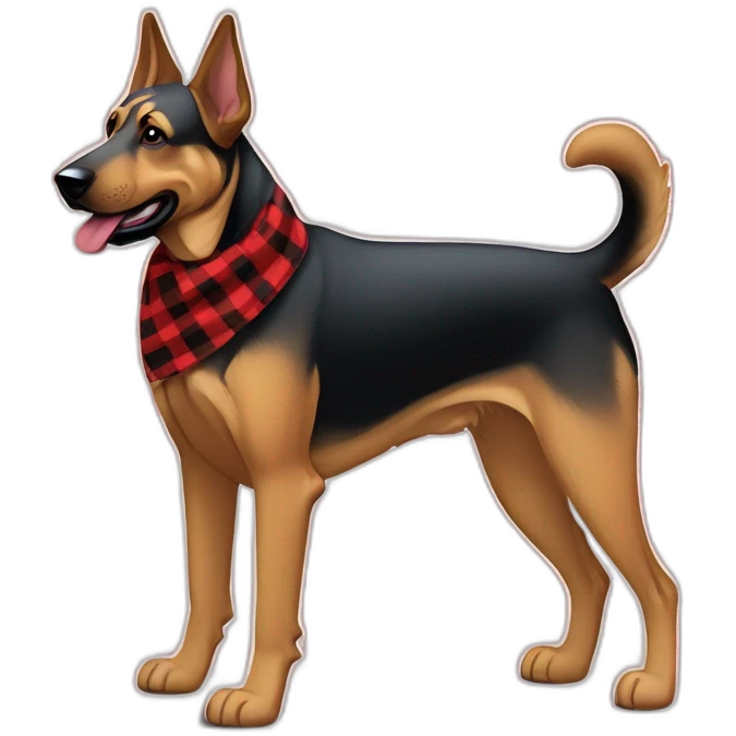 adult 75% Coonhound 25% German Shepherd mix dog with visible tail wearing small pointed red buffalo plaid bandana full body walking left quickly emoji