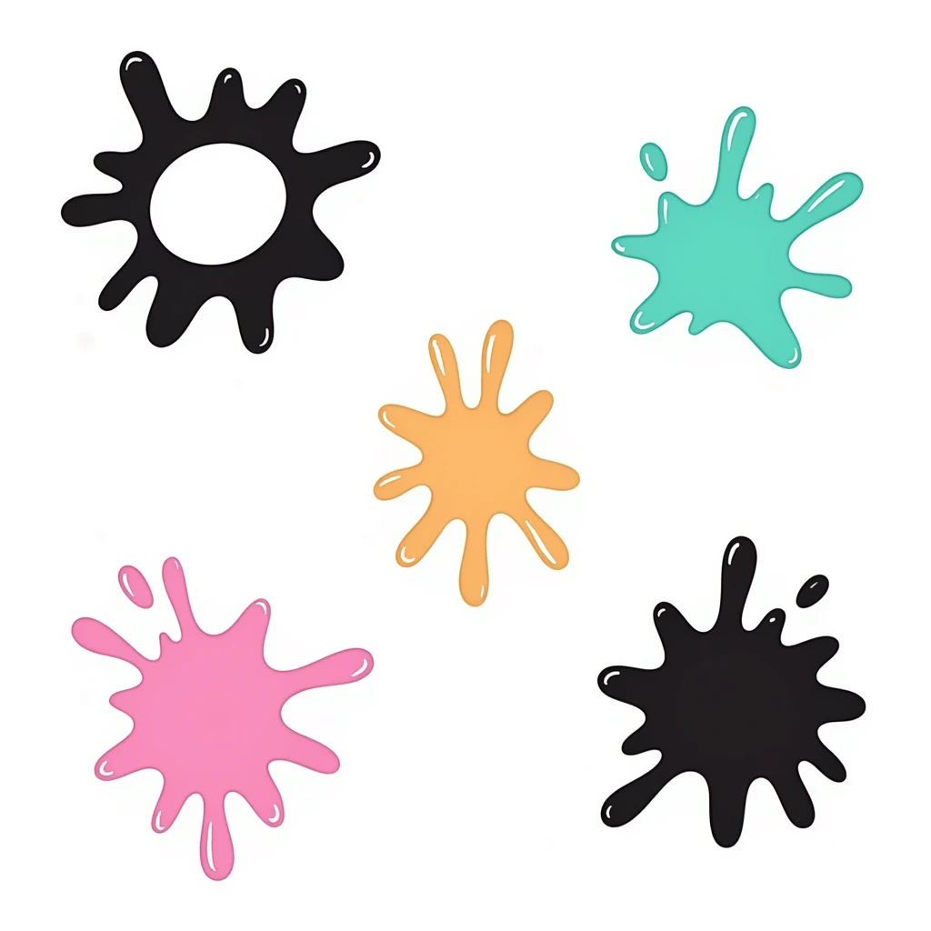 Colorful paint splatters, drips, and splashes in various shapes. Using specific pastel colors (dd9fb0, ffc6d3, a3bfc9, c4bee2, f1b091). Hand-drawn doodle style with playful, artistic splatter patterns. Transparent background. emoji