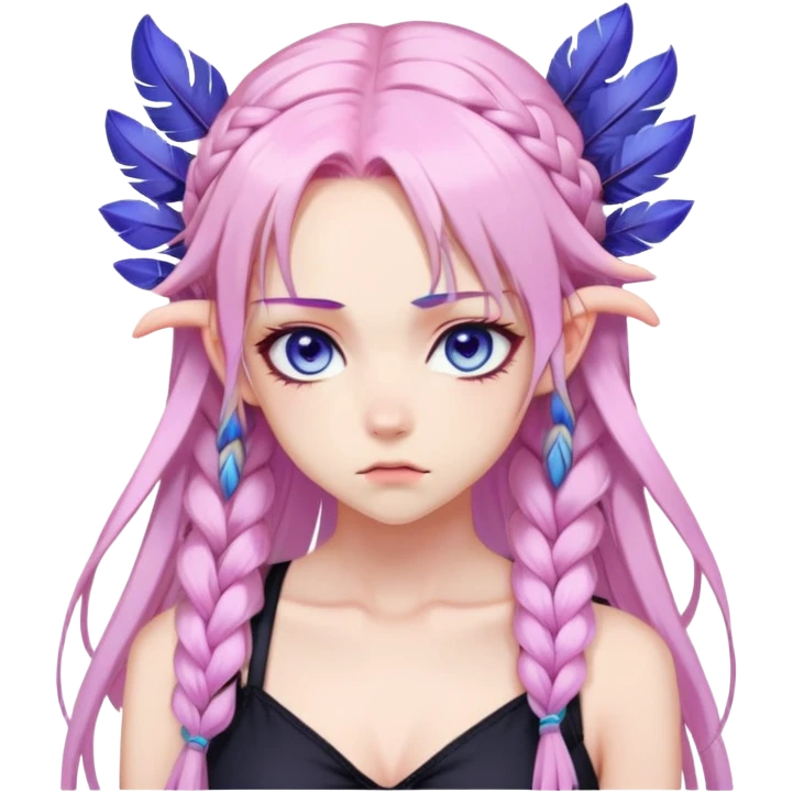 Gorgeous beautiful pretty anime lady long-pale-pastel-pink-hair with one braid on each side, grumpy expression, purple-pink feather-ear-cuffs in hair, black bodysuit, blue eyes, pink iris, ethereal, fashion aesthetic  emoji
