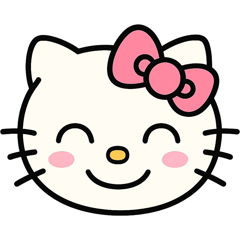 Amused Hello Kitty emoticon, pink and white girly aesthetic, icon style emoji