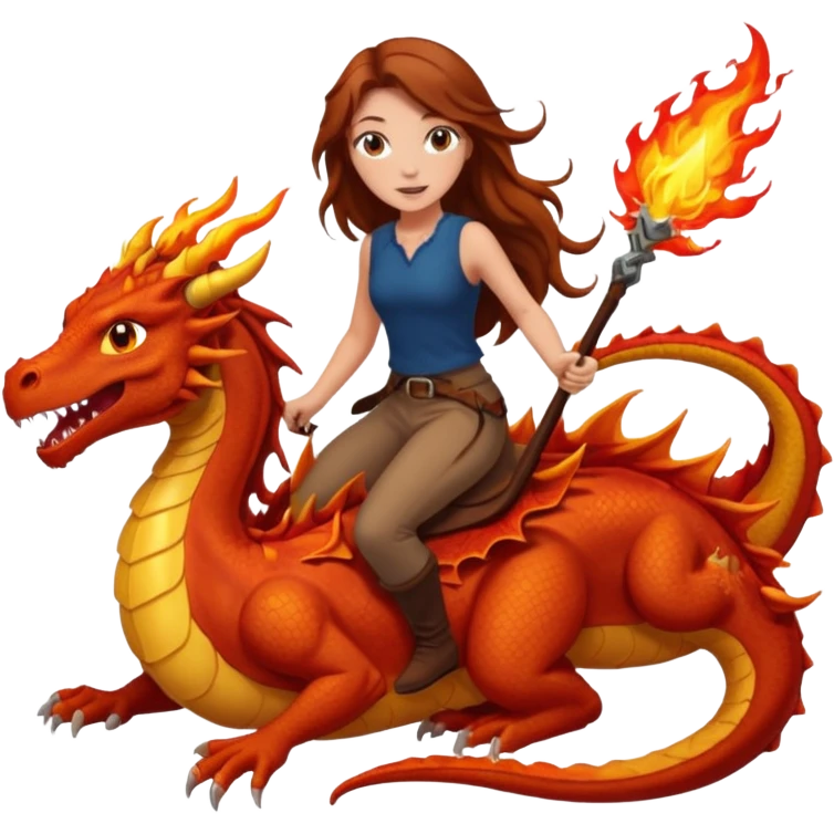 white girl with long brown hair and freckles riding a dragon breathing fire emoji