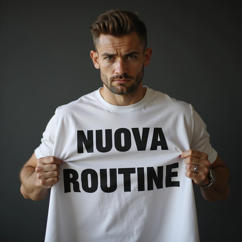 hyperrealistic 4K image of a sporty man with a sad expression holding a sheet with the text 'NUOVA ROUTINE', variation 7, no background emoji