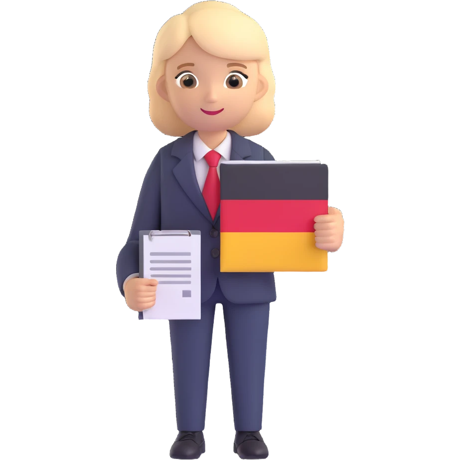 person in business attire holding an official document, with German flag colors, for a citizenship app icon, 3D style emoji