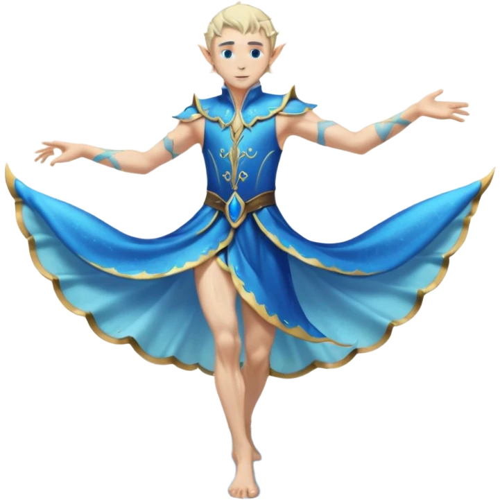 elf male dancer with water-like dress, graceful pose on wet sand, splashes, pointy ears, serene expression, centered emoji, ethereal blue colors emoji
