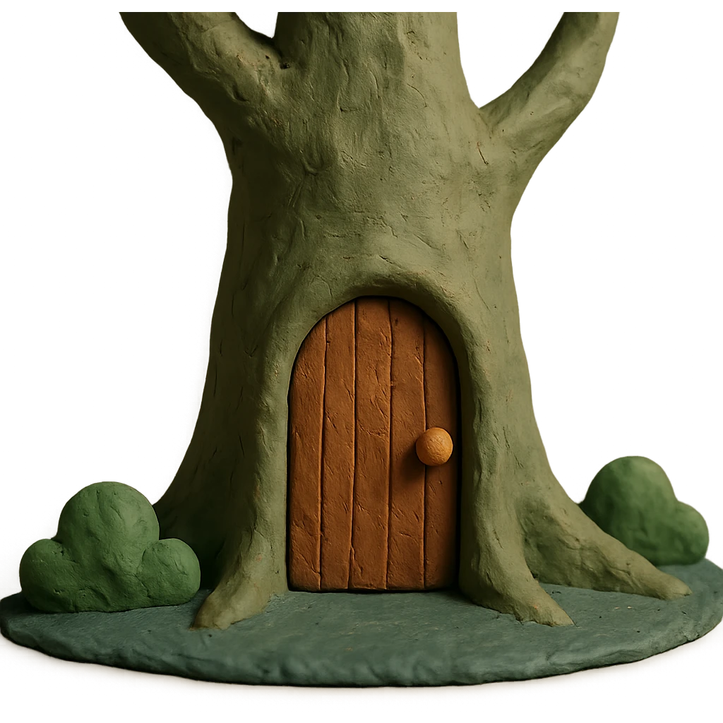 wooden door embedded in a tree, secret forest hideout vibe, claymation style emoji