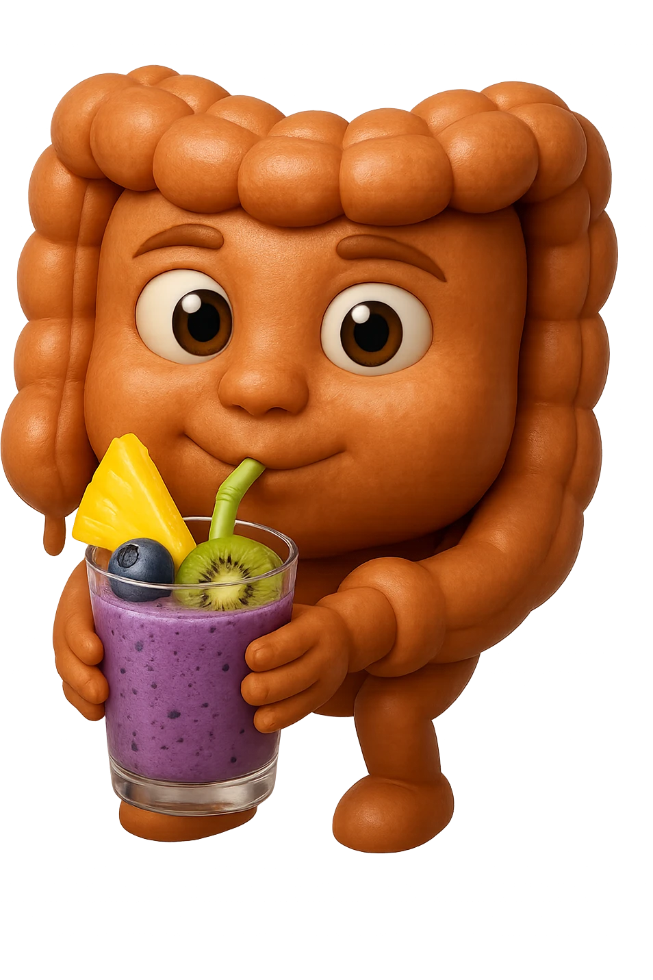EMOJI STILE IPHONE DI un intestino umano anatomico che beve un frullato di mirtilli, ananas, kiwi, fagli anche la parte bianca degli occhi, non solo le pupille, REALISTICo 4K emoji