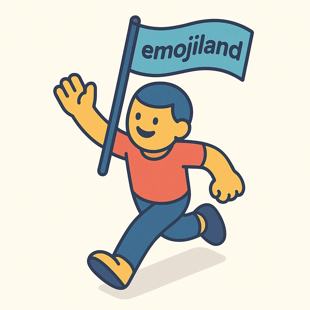 happy runner waving a flag that says 'emojiland' emoji