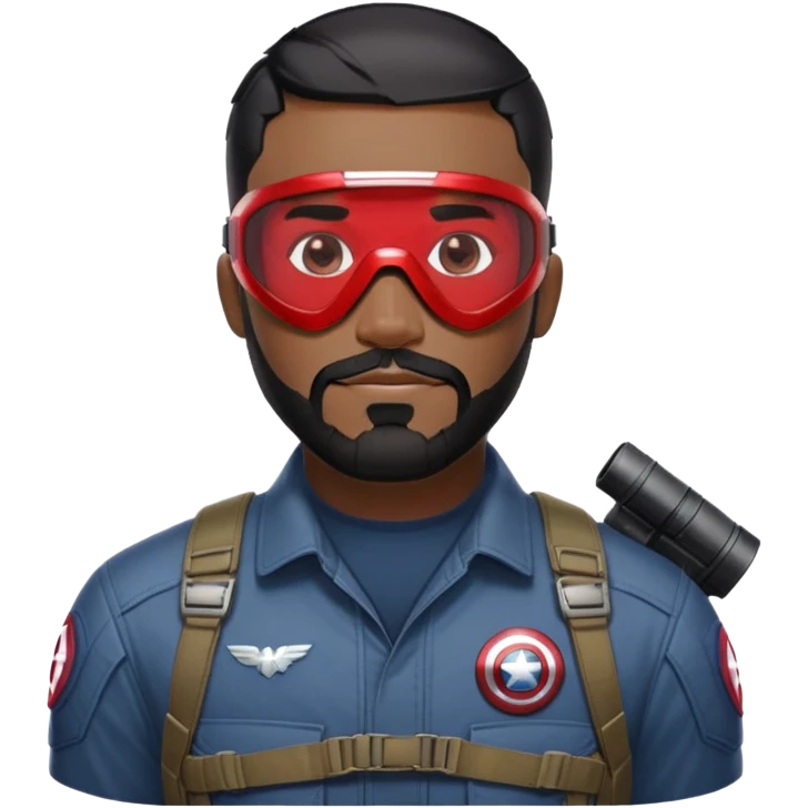 sam wilson have a short, neatly cropped black hair. It is evenly trimmed and close to the scalp, maintaining a clean and military-inspired and  a well-groomed beard that connects to his mustache,  wear sleek, red-tinted tactical goggles fit snugly from captain america: civil war emoji