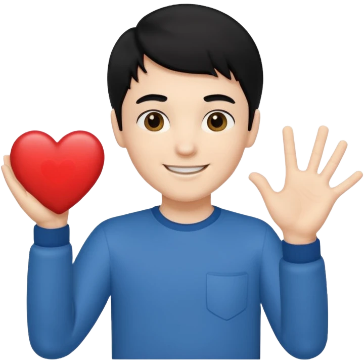 White boy with black hair holding up heart hand signal emoji