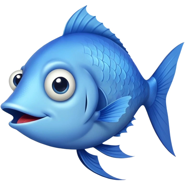 ridiculously derpy blue fish with crossed eye and silly underbite, perfect flat side profile facing right, exactly 90 degrees, completely 2D like a paper cutout, only one eye visible, absolute side view emoji