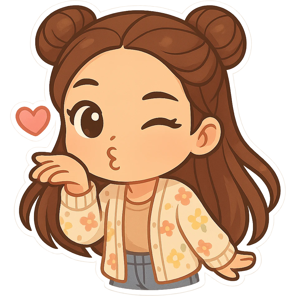 Create a chibi sticker of the girl from the reference image, blowing a kiss and winking. She has brown straight hair styled in double buns, brown eyes, wearing a pastel floral cardigan and jeans. The sticker should have a white outline and a transparent background, sized 512x512px. emoji