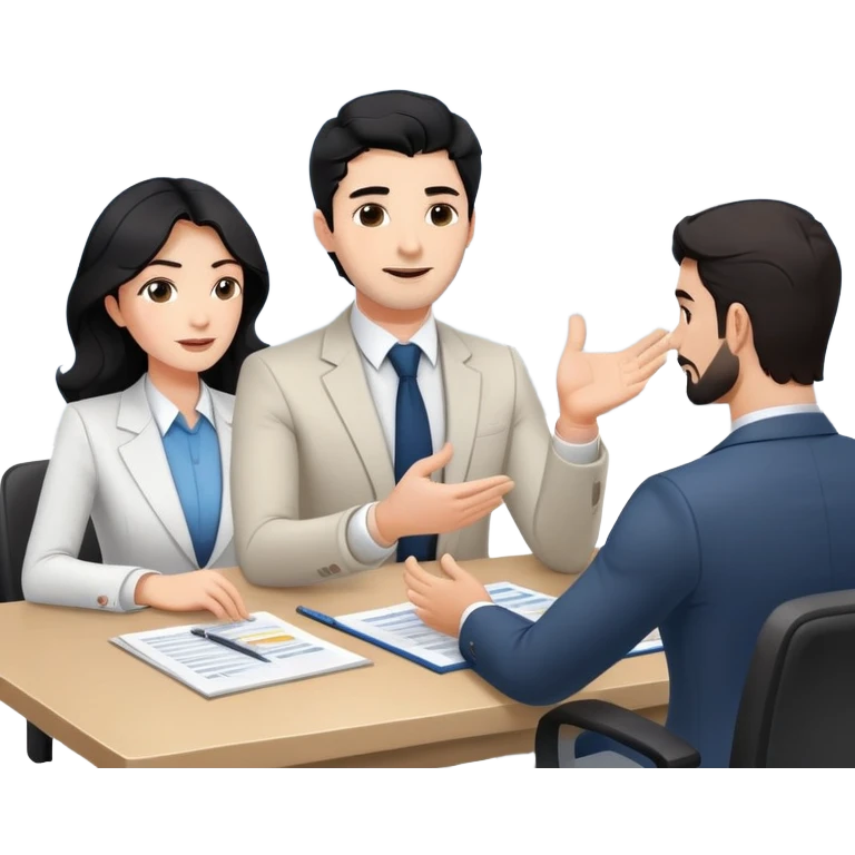 Professional 35-year-old business consultant with black wavy hair, stubble, strong jawline, white skin tone, wearing smart casual business attire, sitting at a table with clients, gesturing confidently while explaining a business strategy emoji