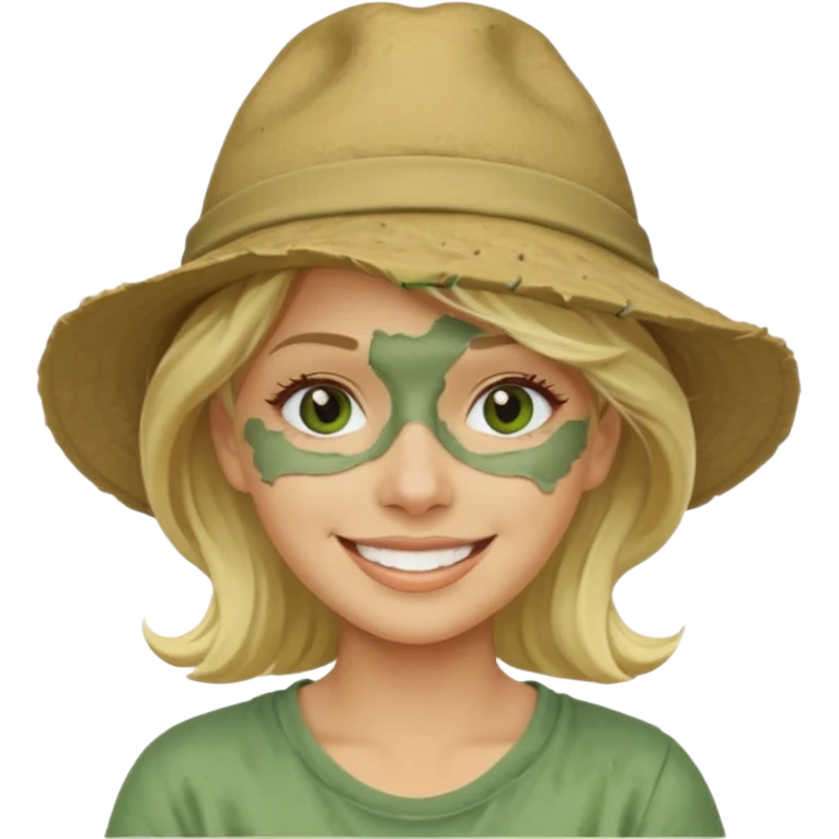 messy green clay mask and tourist hat blond woman  smiling and clay mask on full face emoji
