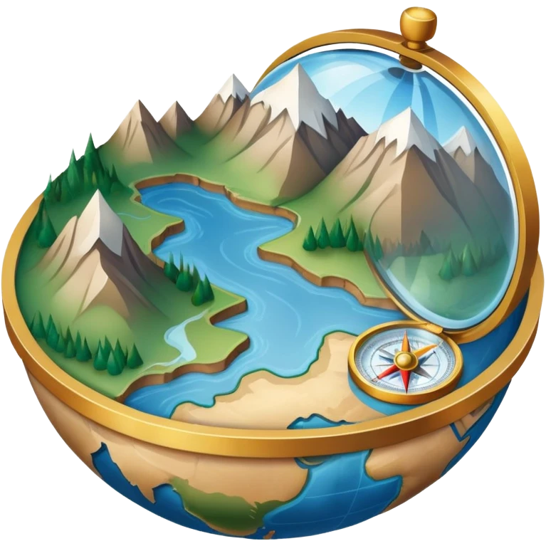 An icon featuring a globe, a compass, and a topographic map, symbolizing geography. The design includes mountain ranges, rivers, and a magnifying glass, representing the study of Earth's landscapes, features, and spatial relationships. Transparent background highlights geographic exploration. emoji