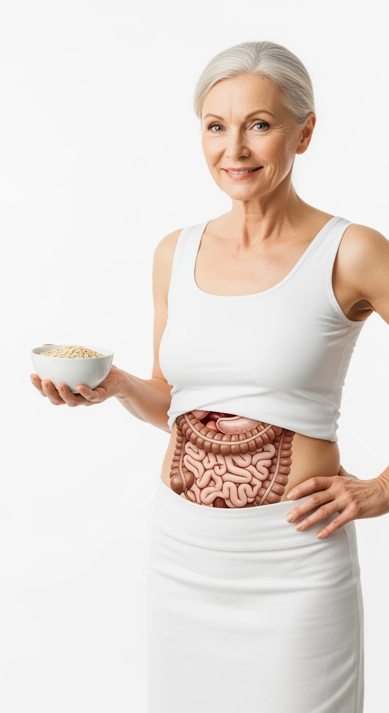 donna con bowl di avena in mano e intestino in evidenza, isolata su sfondo bianco emoji
