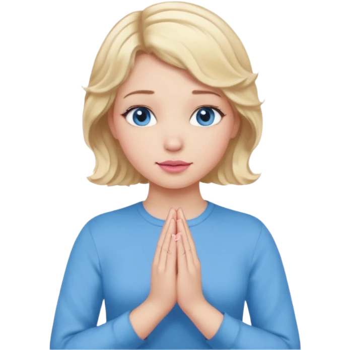 Girl Blonde short wavy hair,  blue eyes, cute blue top, long lashes, pink lips, praying hands emoji