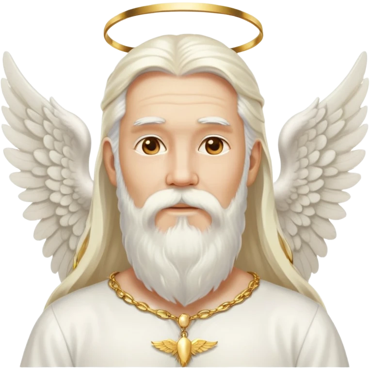 God, man with long white hair, beard and white mustache, white angel wings on his back, gold earrings hanging from ears emoji