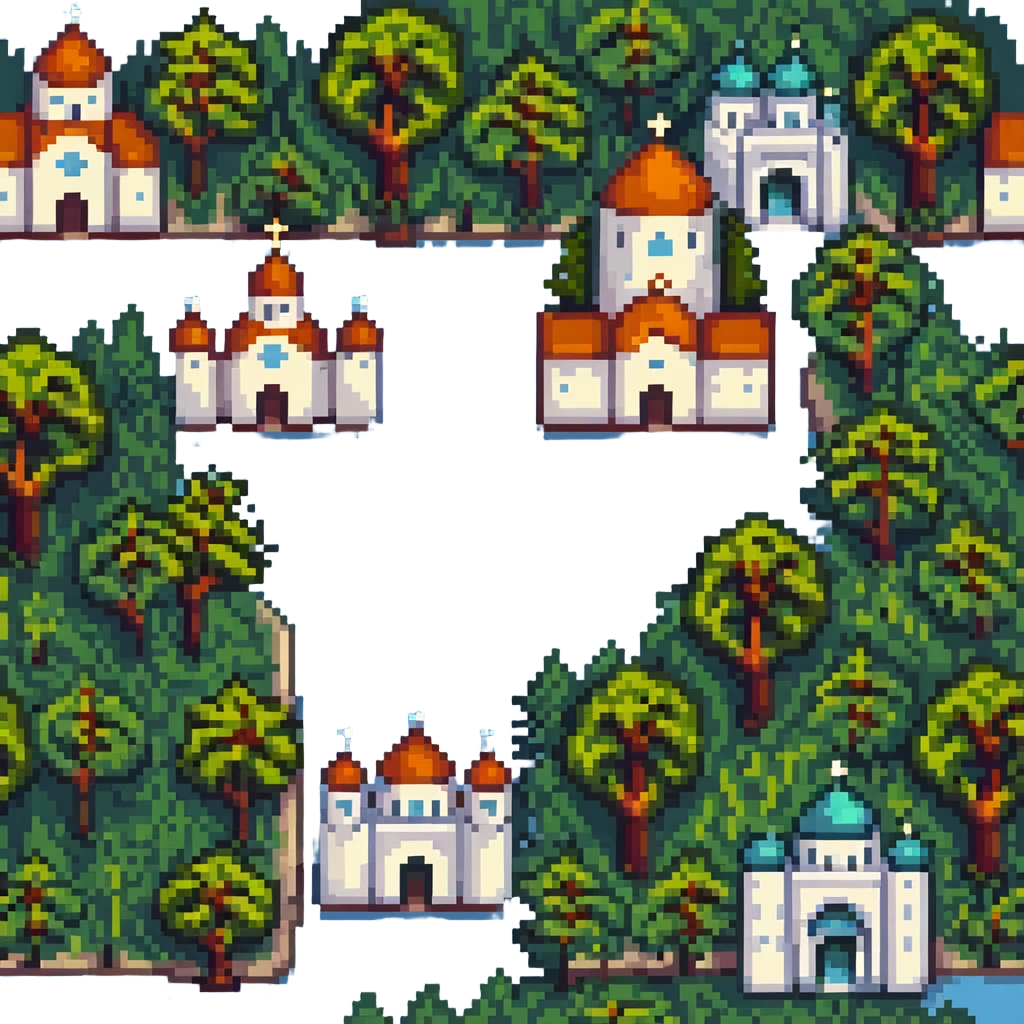 cityscape of Nalchik with iconic buildings and trees in pixel art style emoji