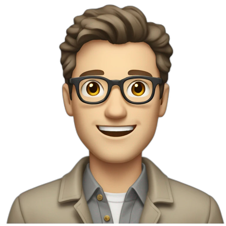 Joyful Pale skinned Fit Man With dark brown hair in gray jacket, beige office shirt, Brown pants and vintage glasses. His thrumbs up emoji