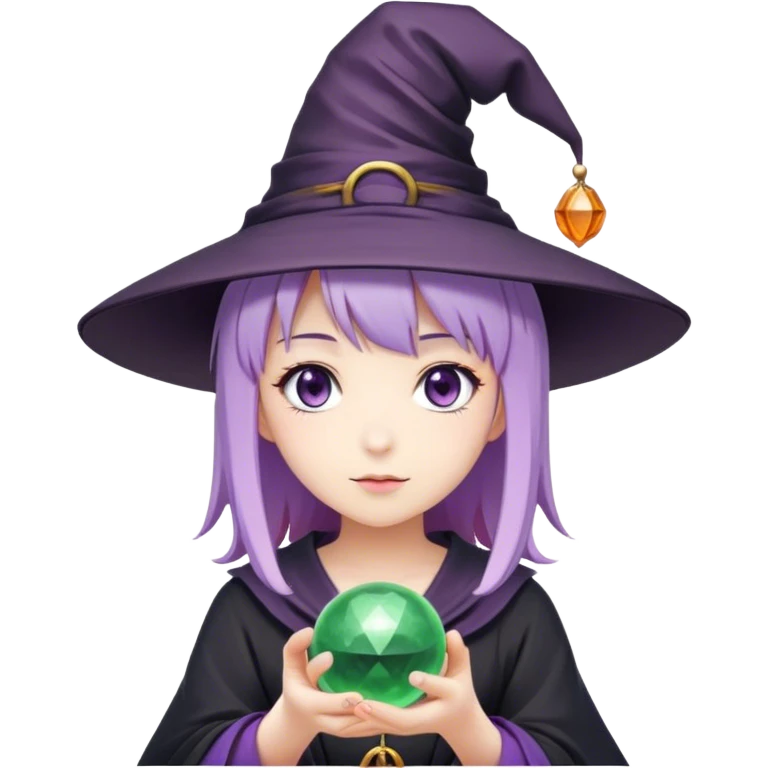 anime girl with lilac hair in a witch hat holding a fortune ball emoji