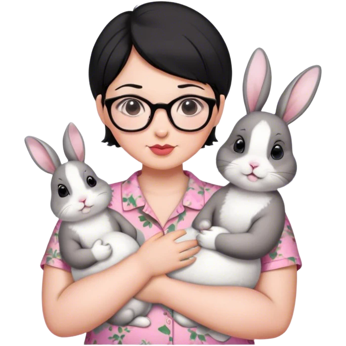 ผู้หญิงผมสั้นสีดำ ตัวอวบ ใส่แว่น ใส่เสื้อลายดอกไม้สีชมพู อุ้มกระต่ายสีขาวเทา2 ตัว emoji