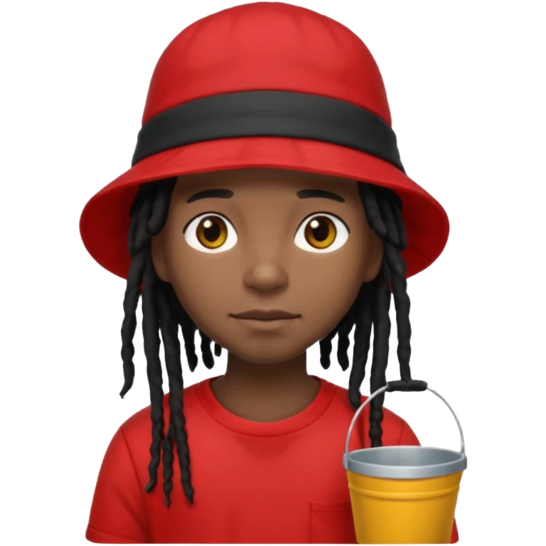 dark brown skin, black hair dreadlocks, wear red t-shirt, black bucket hat emoji